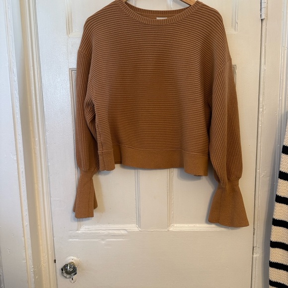 Anthropologie Maeve Tan Ribbed Crew Neck Sweater with Bell Sleeves - Picture 4 of 4